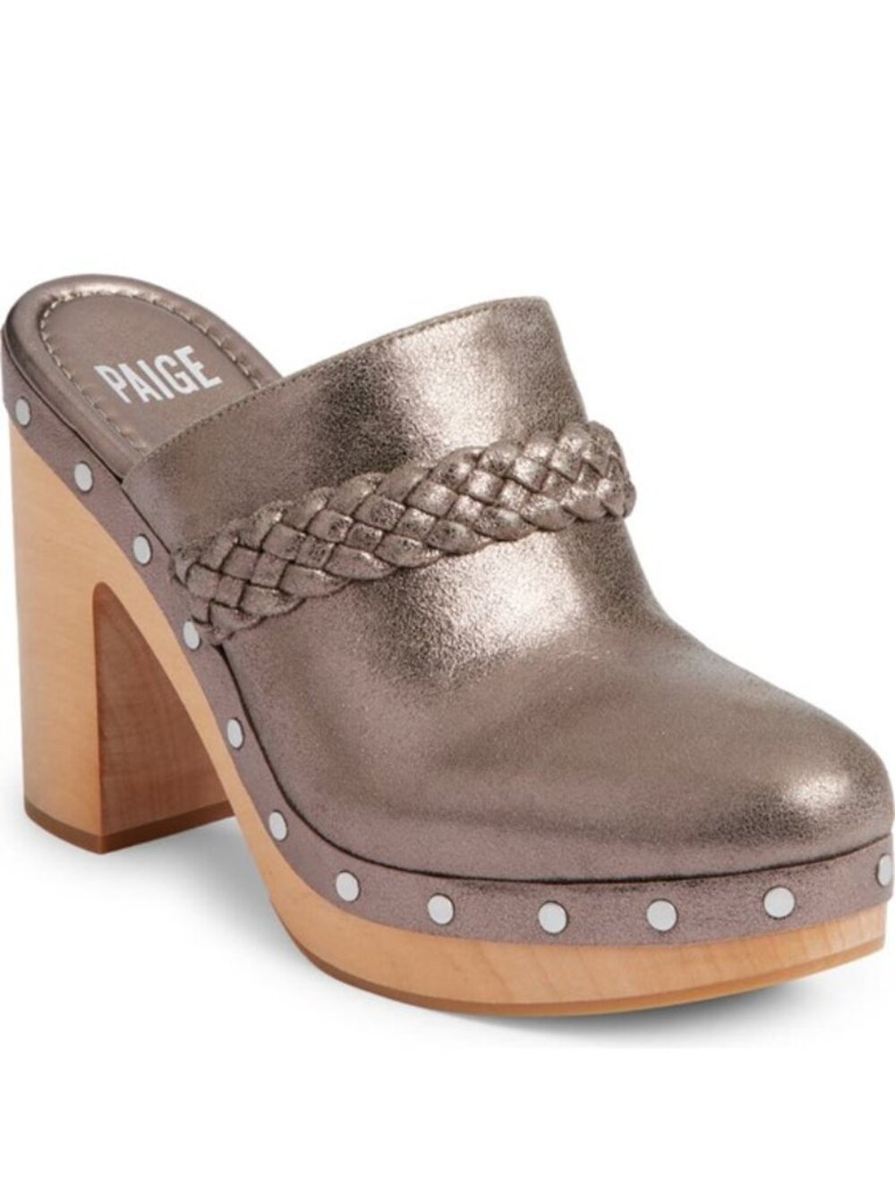 Paige Alex Clogs Suede Studs Braided Slip On Platform Heels Gunmetal Size 9 NEW